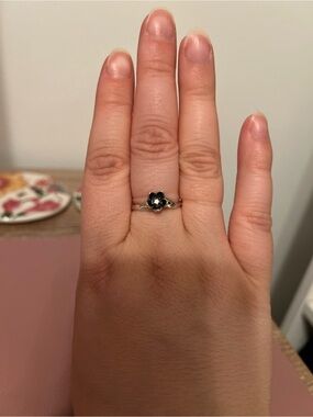 Pandora Silver Ring with Black Floral Accent